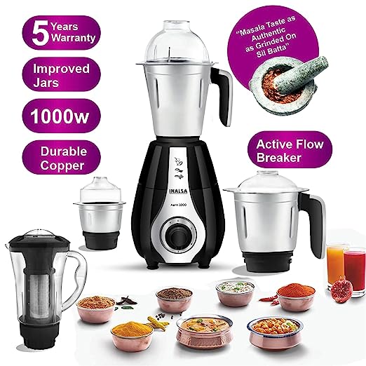 INALSA Mixer Grinder 1000 Watt, 4 Jar- Aarin with Powerful Copper Motor| Decorative Chrome Finish on Front | Includes Extra Pounding/Mincing & Whisker Blades| 5 Year Warranty on Motor, (Black) INALSA Mixer Grinder 1000 Watt, 4 Jar- Aarin with Powerful Copper Motor| Decorative Chrome Finish on Front | Includes Extra Pounding/Mincing & Whisker Blades| 5 Year Warranty on Motor, (Black)